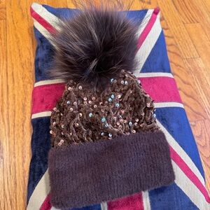 Brown Sequin Pom-Pom Beanie for Kids
